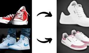 Czerwone trampki i buty sportowe z niebieskimi akcentami po lewej, białe i różowe buty Barebarics po prawej. Bez butów, bez skarpetek.