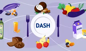 Dieta DASH to klucz do obniżenia **wysokie ciśnienie co robić**. Obraz pokazuje ryby, owoce, warzywa, orzechy, oliwę, pieczywo, mleko i jogurt.