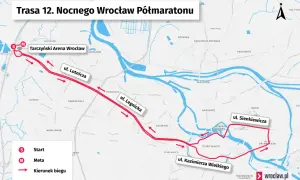Trasa 12. Nocnego Wrocław Półmaratonu: start na Tarczyński Arena, bieg przez ul. Lotniczą, Legnicką, Sienkiewicza, Kazimierza Wielkiego.