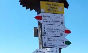 Rozdroże szlaków na Babiej Górze. Wskazówki pokazują czasy dojścia do schroniska, szczytu i innych miejsc. Najłatwiejszy szlak na Babią Górę jest tu zaznaczony.