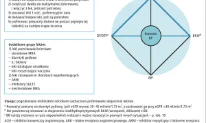 Schemat leczenia nadciśnienia: preferowane skojarzenia leków (ACEI/ARB, DTP, BKW, BB) i dodatkowe grupy leków.