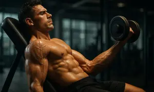Mężczyzna wykonuje ćwiczenia na biceps z hantlem, jego mięśnie są wyraźnie zarysowane.