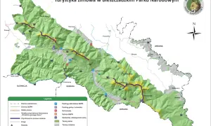 Mapa Bieszczadów z zaznaczonymi szlakami zimowymi, schroniskami i parkingami. Bieszczady gdzie leżą, widać na mapie, granicząc ze Słowacją i Ukrainą.