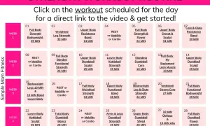 Plan czterotygodniowego treningu siłowego z podziałem na dni i ćwiczenia, np. "Full Body Strength".