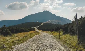 Kamienista droga wije się ku górze Śnieżka, gdzie widać budynki. Wokół zieleń i chmury na niebie.