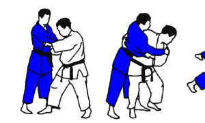 Ilustracje pokazują sekwencję rzutów judo. Jeden z zawodników ma żółty pas judo.