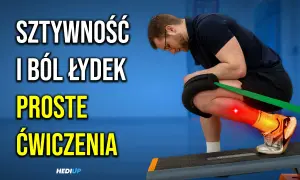 Mężczyzna wykonuje ćwiczenia na ból i sztywność łydek. Opaska rozciągająca pracuje nad mięśniem płaszczkowatym.
