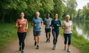 Grupa ludzi w różnym wieku cieszy się wspólnym, spokojnym bieganiem (slow jogging) wzdłuż malowniczej ścieżki nad wodą.