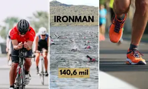 Kolarz, pływacy i biegacz w akcji podczas zawodów Ironman. 140,6 mil to dystans do pokonania.