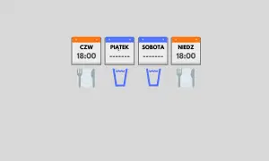 Czwartek, piątek, sobota, niedziela - kalendarze z godziną 18:00 i symbolami posiłków. To wizualizacja autofagii głodówka.
