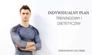 Mężczyzna w sportowym ubraniu, z tekstem "Indywidualny plan treningowy i dietetyczny". Dowiedz się, po jakim czasie widać efekty ćwiczeń w domu.