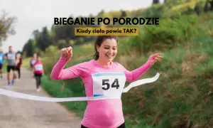 Szczęśliwa kobieta przekracza metę, symbolizując powrót do formy i bieganie po porodzie.