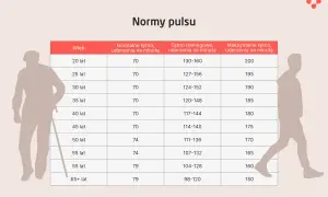 Tabela norm pulsu dla różnych grup wiekowych. Pokazuje tętno spoczynkowe, treningowe i maksymalne.