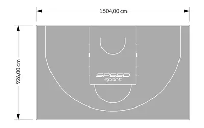 Wymiary boiska do koszykówki: 1504 cm długości i 926 cm szerokości. Logo "SPEED sport" na szarym tle.