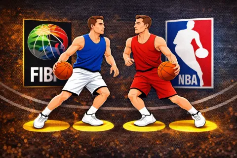 Dwóch koszykarzy, jeden w niebieskim, drugi w czerwonym, z piłkami w rękach, stoi naprzeciwko siebie. W tle loga FIBA i NBA. Ile kroków w koszykówce?