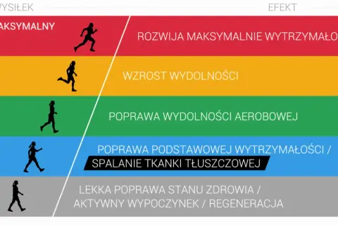 Grafika pokazuje poziomy wysiłku i ich efekty. Umiarkowany wysiłek poprawia wydolność aerobową.