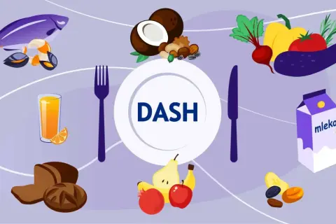 Dieta DASH to klucz do obniżenia **wysokie ciśnienie co robić**. Obraz pokazuje ryby, owoce, warzywa, orzechy, oliwę, pieczywo, mleko i jogurt.