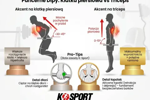 Dipy na triceps: pionowa pozycja ciała i minimalny wyprost łokcia (0-10°) dla potężnych ramion. Porównanie z dipami na klatkę.
