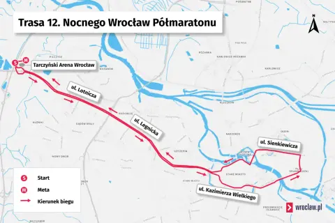 Trasa 12. Nocnego Wrocław Półmaratonu: start na Tarczyński Arena, bieg przez ul. Lotniczą, Legnicką, Sienkiewicza, Kazimierza Wielkiego.