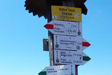 Rozdroże szlaków na Babiej Górze. Wskazówki pokazują czasy dojścia do schroniska, szczytu i innych miejsc. Najłatwiejszy szlak na Babią Górę jest tu zaznaczony.
