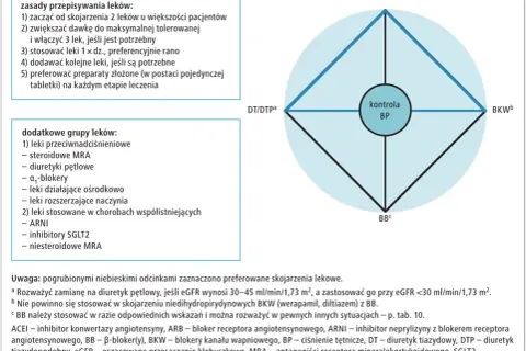 Schemat leczenia nadciśnienia: preferowane skojarzenia leków (ACEI/ARB, DTP, BKW, BB) i dodatkowe grupy leków.