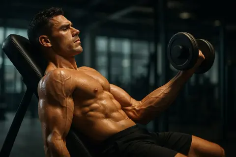 Mężczyzna wykonuje ćwiczenia na biceps z hantlem, jego mięśnie są wyraźnie zarysowane.