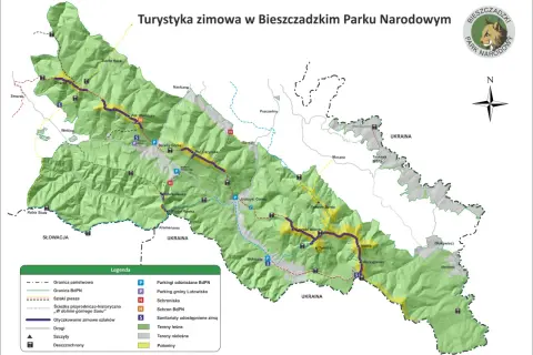 Mapa Bieszczadów z zaznaczonymi szlakami zimowymi, schroniskami i parkingami. Bieszczady gdzie leżą, widać na mapie, granicząc ze Słowacją i Ukrainą.