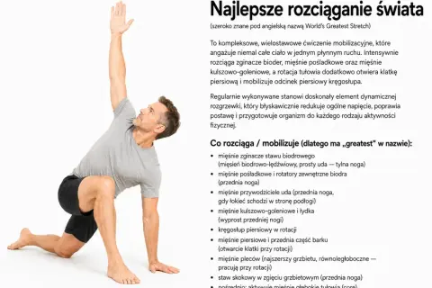 Mężczyzna w pozie "World's Greatest Stretch" wykonuje rozciąganie powięzi, angażując biodra, kręgosłup i klatkę piersiową.