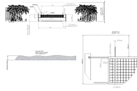 Plan boiska do siatkówki plażowej FIVB z wymiarami, siatką, antenkami i piaskiem o głębokości 40cm.