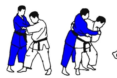 Ilustracje pokazują sekwencję rzutów judo. Jeden z zawodników ma żółty pas judo.