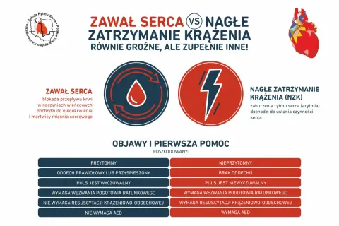 Zawał serca a NZK (nagłe zatrzymanie krążenia) - różnice i pierwsza pomoc. Grafika porównuje objawy i postępowanie.