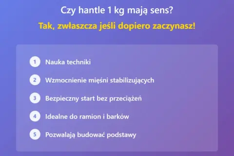 Jakie hantle na początek? 1 kg to świetny wybór do nauki techniki, wzmocnienia mięśni stabilizujących i bezpiecznego startu bez przeciążeń.