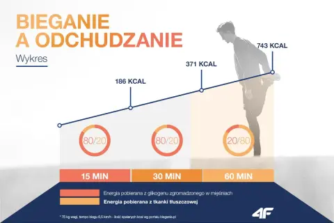 Wykres pokazuje, ile biegać, żeby schudnąć 5 kg. Po 60 minutach biegu spalisz 743 kcal, głównie z tkanki tłuszczowej.