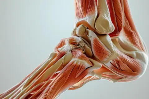Anatomia stopy z widocznymi mięśniami, ścięgnami i kośćmi. Szczegółowy obraz mięśnia płaszczkowatego, kluczowego dla ruchu.