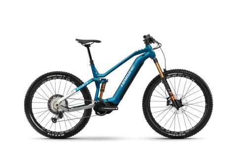 Niebieski rower elektryczny Haibike AllMtn 10 z pełnym zawieszeniem, gotowy na górskie wyzwania.