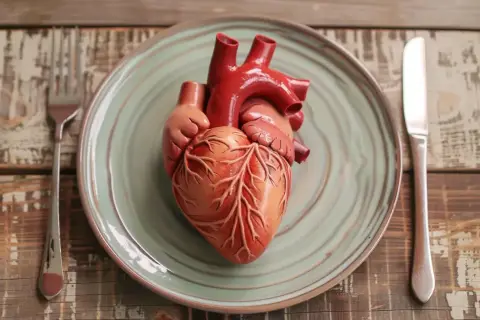 Model serca na talerzu, obok sztućców. Symbolizuje, jak ważna jest dieta na serce dla zdrowia.
