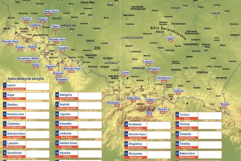 Korona Gór Polskich: mapa z zaznaczonymi szczytami i ich wysokościami. Poznaj najwyższe punkty polskich pasm górskich.