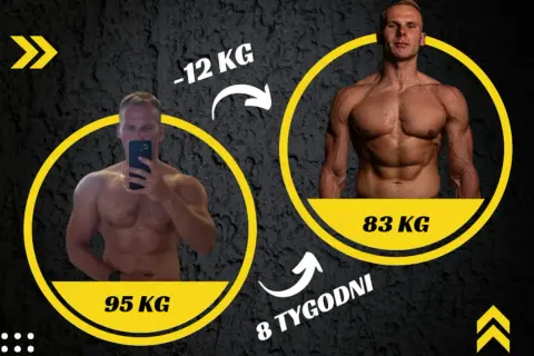 Sylwetka kulturysty przed i po 8 tygodniach treningu. Z 95 kg do 83 kg, utrata 12 kg.
