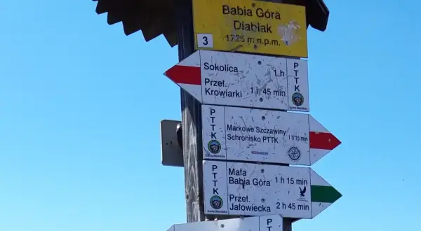 Rozdroże szlaków na Babiej Górze. Wskazówki pokazują czasy dojścia do schroniska, szczytu i innych miejsc. Najłatwiejszy szlak na Babią Górę jest tu zaznaczony.