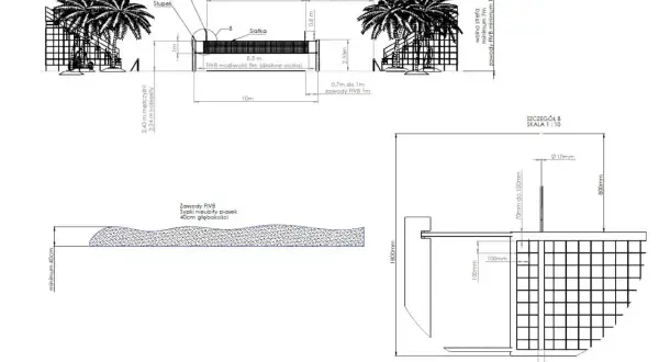 Plan boiska do siatkówki plażowej FIVB z wymiarami, siatką, antenkami i piaskiem o głębokości 40cm.