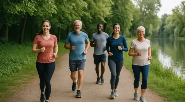 Grupa ludzi w różnym wieku cieszy się wspólnym, spokojnym bieganiem (slow jogging) wzdłuż malowniczej ścieżki nad wodą.