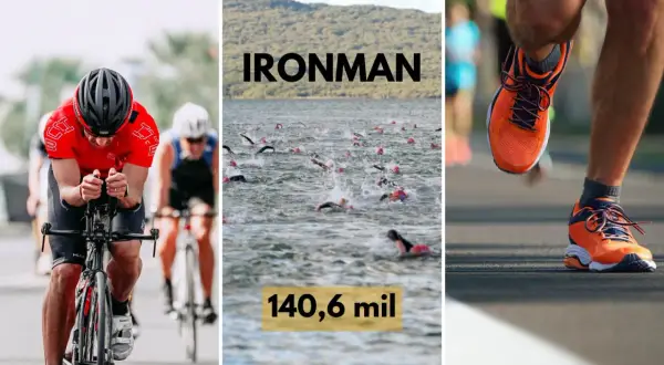 Kolarz, pływacy i biegacz w akcji podczas zawodów Ironman. 140,6 mil to dystans do pokonania.