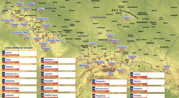 Korona Gór Polskich: mapa z zaznaczonymi szczytami i ich wysokościami. Poznaj najwyższe punkty polskich pasm górskich.