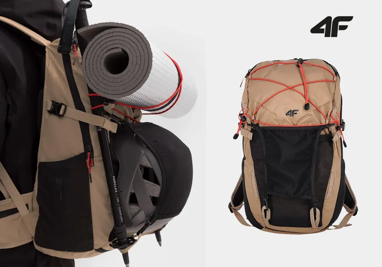 Plecak gotowy na trekking! Mata, kijki i kask spakowane. To idealny sprzęt na wyprawę, która pokaże Ci, trekking co to jest.