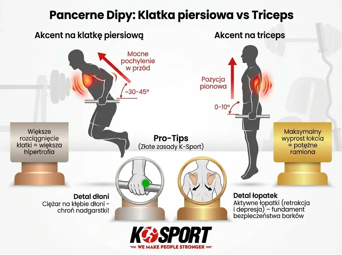Dipy na triceps: pionowa pozycja ciała i minimalny wyprost łokcia (0-10°) dla potężnych ramion. Porównanie z dipami na klatkę.