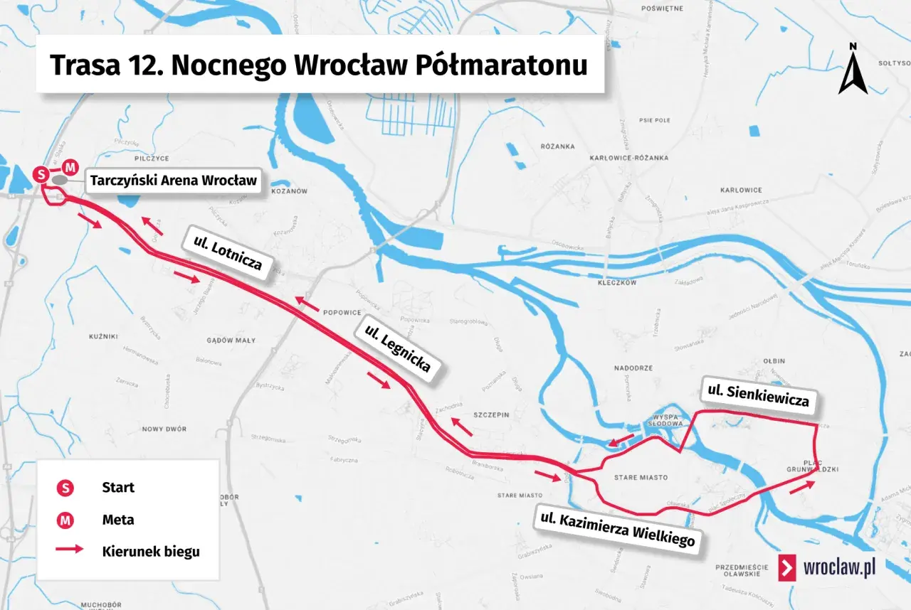 Trasa 12. Nocnego Wrocław Półmaratonu: start na Tarczyński Arena, bieg przez ul. Lotniczą, Legnicką, Sienkiewicza, Kazimierza Wielkiego.
