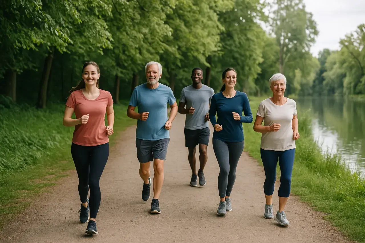 Grupa ludzi w różnym wieku cieszy się wspólnym, spokojnym bieganiem (slow jogging) wzdłuż malowniczej ścieżki nad wodą.