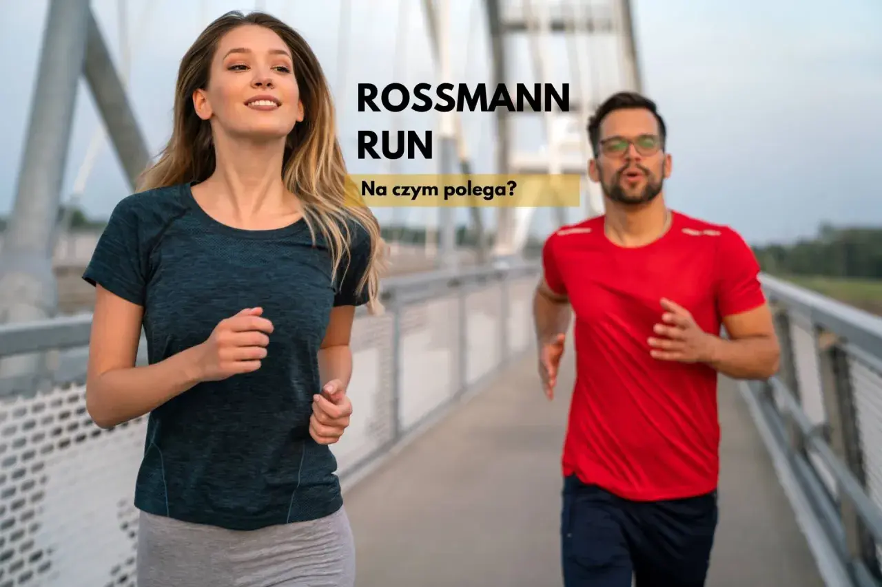 Uśmiechnięta kobieta i mężczyzna w okularach biegną po moście. Tekst "ROSSMANN RUN" sugeruje wydarzenie sportowe.