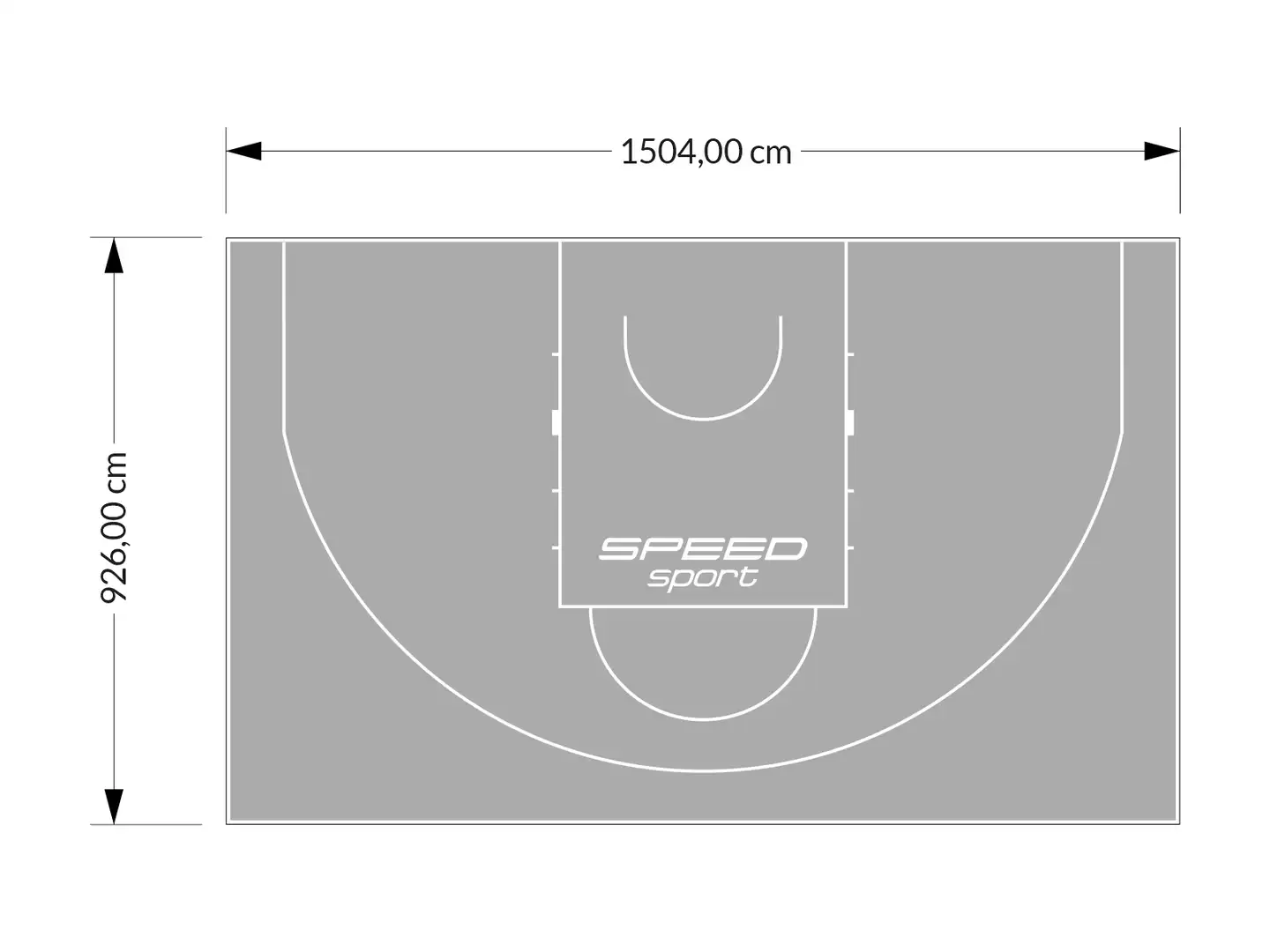 Wymiary boiska do koszykówki: 1504 cm długości i 926 cm szerokości. Logo "SPEED sport" na szarym tle.