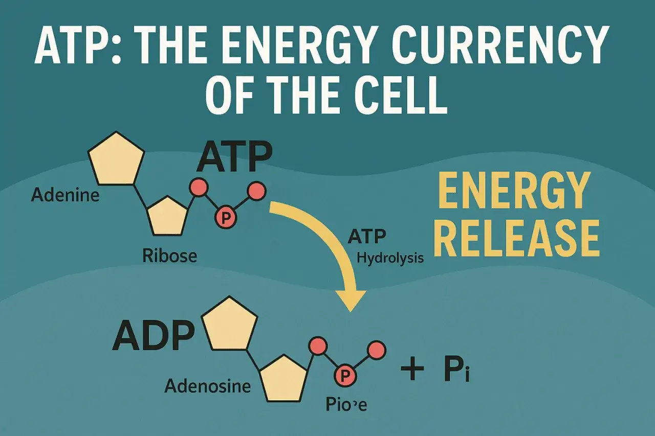 ATP to waluta energetyczna komórki. Pokazuje, jak ATP rozpada się na ADP i Pi, uwalniając energię.